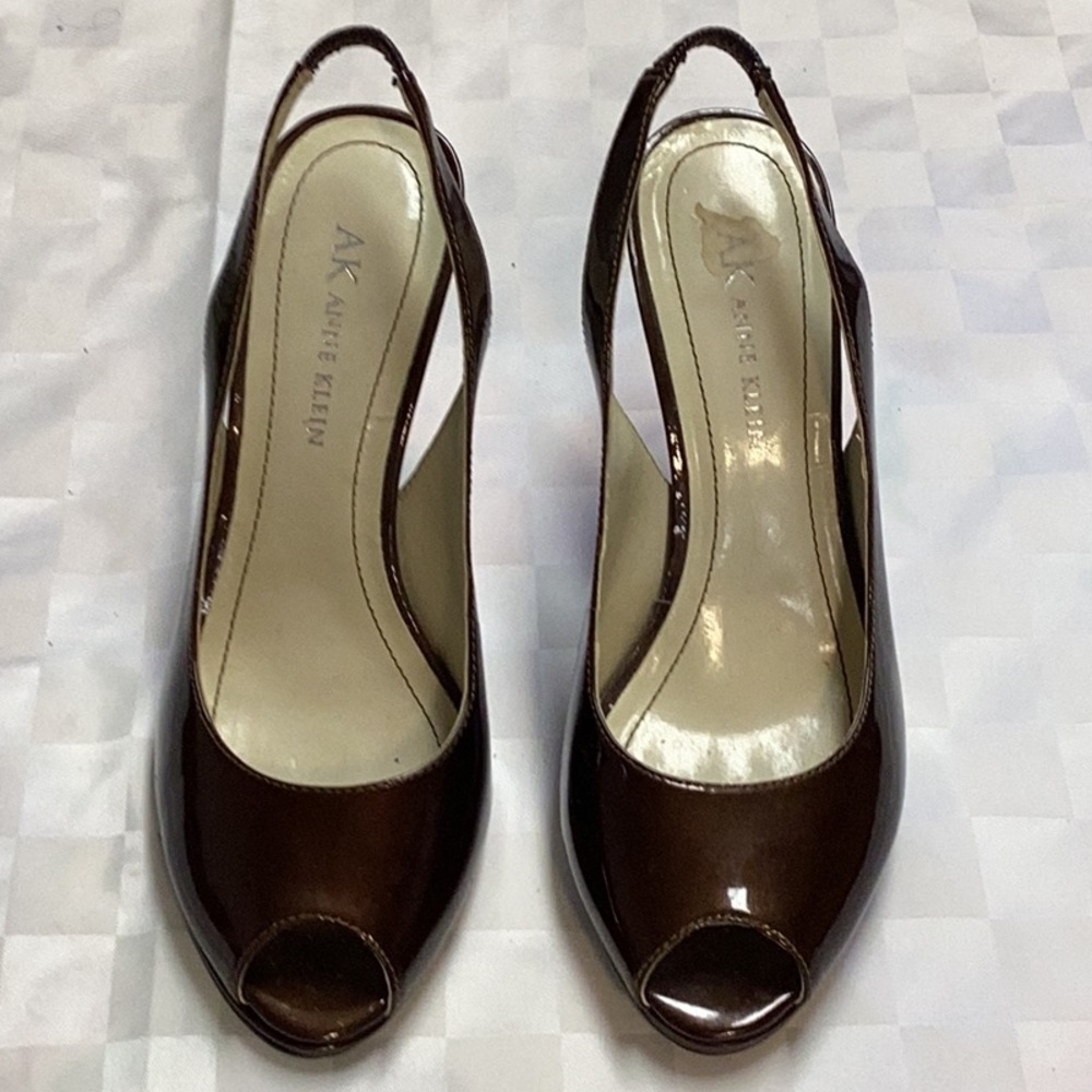 AK Anne Kline, leather upper, brown, size 6, opened toe, 4 inch heel